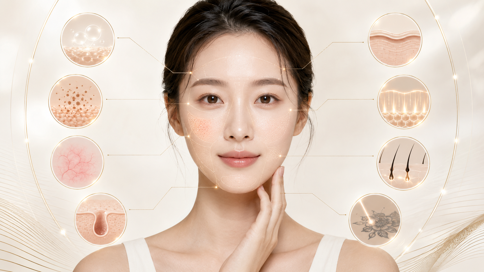피부 고민별 층위 지도: 색소·홍조·모공·결·탄력·제모·문신